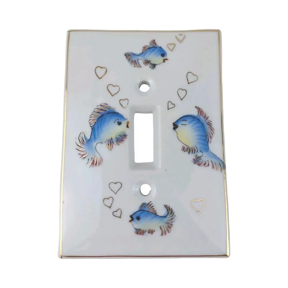 Kelvin 1950's Japan Porcelain Switchplate Cover Fish Heart Bubbles Gold Trim